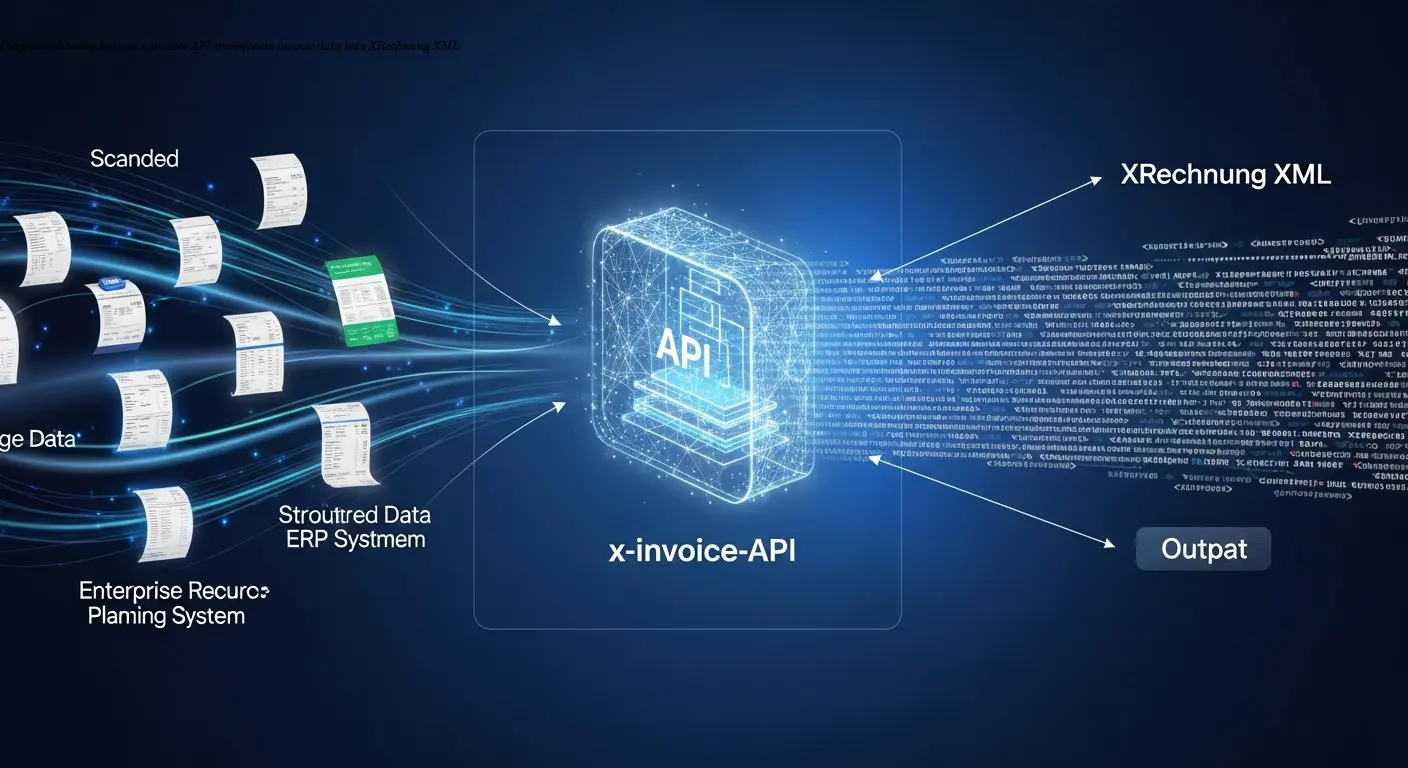 Diagram showing how an x-invoice API transforms invoice data into XRechnung XML
