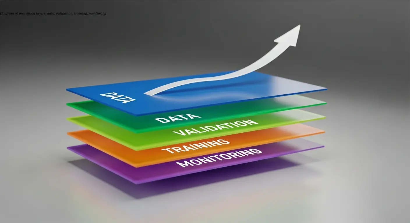 Diagram of prevention layers: data, validation, training, monitoring